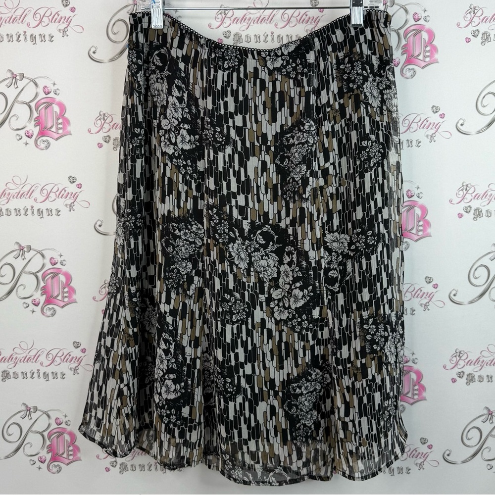 Notations skirt flowy flowers floral Black and Brown geometric squares Skirt